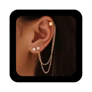 Boho Tassel Chain Ear Cuff Earrings Tiny Crystal Stud Earrings Gold Cz Ear Clip Earrings Long Chain Dangle Cartilage Earrings Jewelry Set for Women