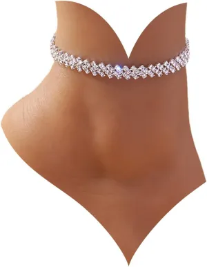 Boho Tennis Ankle Bracelets for Women Silver Rhinestone Tennis Chain Anklet Personality Rhombus CZ Diamond Anklet Summer Beach Tennis Ankle Chain Foot Jewelry for Women