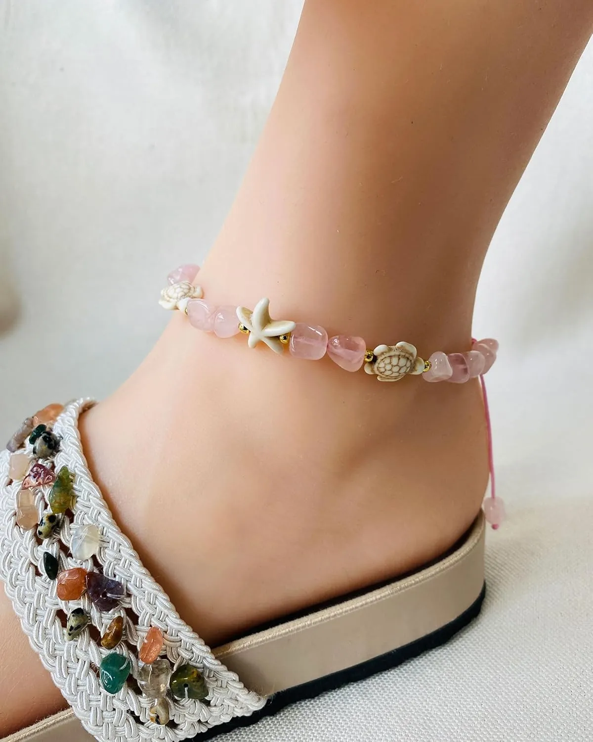 Boho Turtle Starfish Ankle Bracelets for Women Tumbled Crystals Beaded Anklet Summer Hawaii Beach Adjustable Party Foot Jewelry