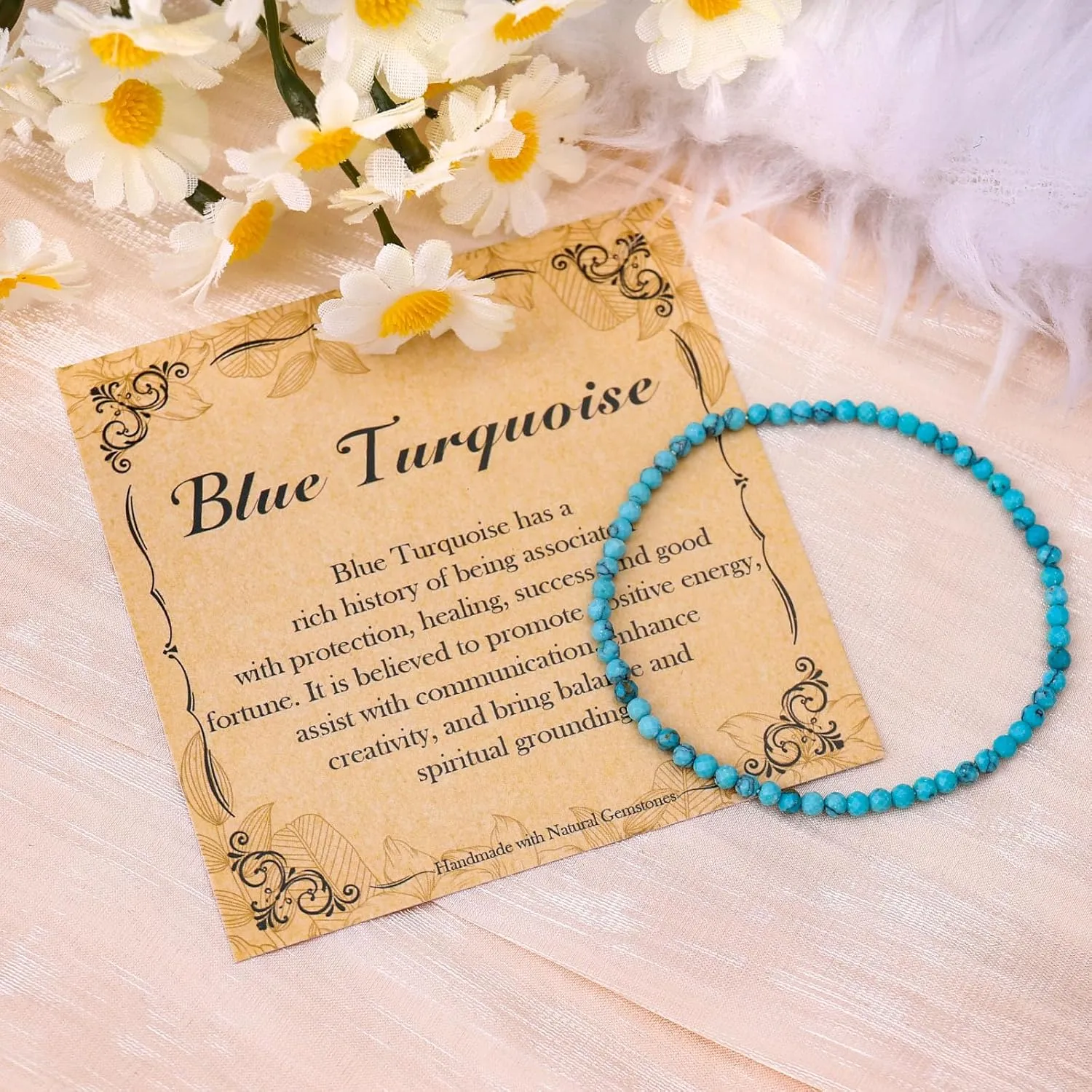 BONNY BOXX Natural Genuine Gemstone Faceted Round Beads Bracelets, 3mm Adjustable Stretchy Tiny Faceted Blue Turquoise Bracelet, Healing Crystal Reiki Chakra Dainty Jewelry Fashion Gifts