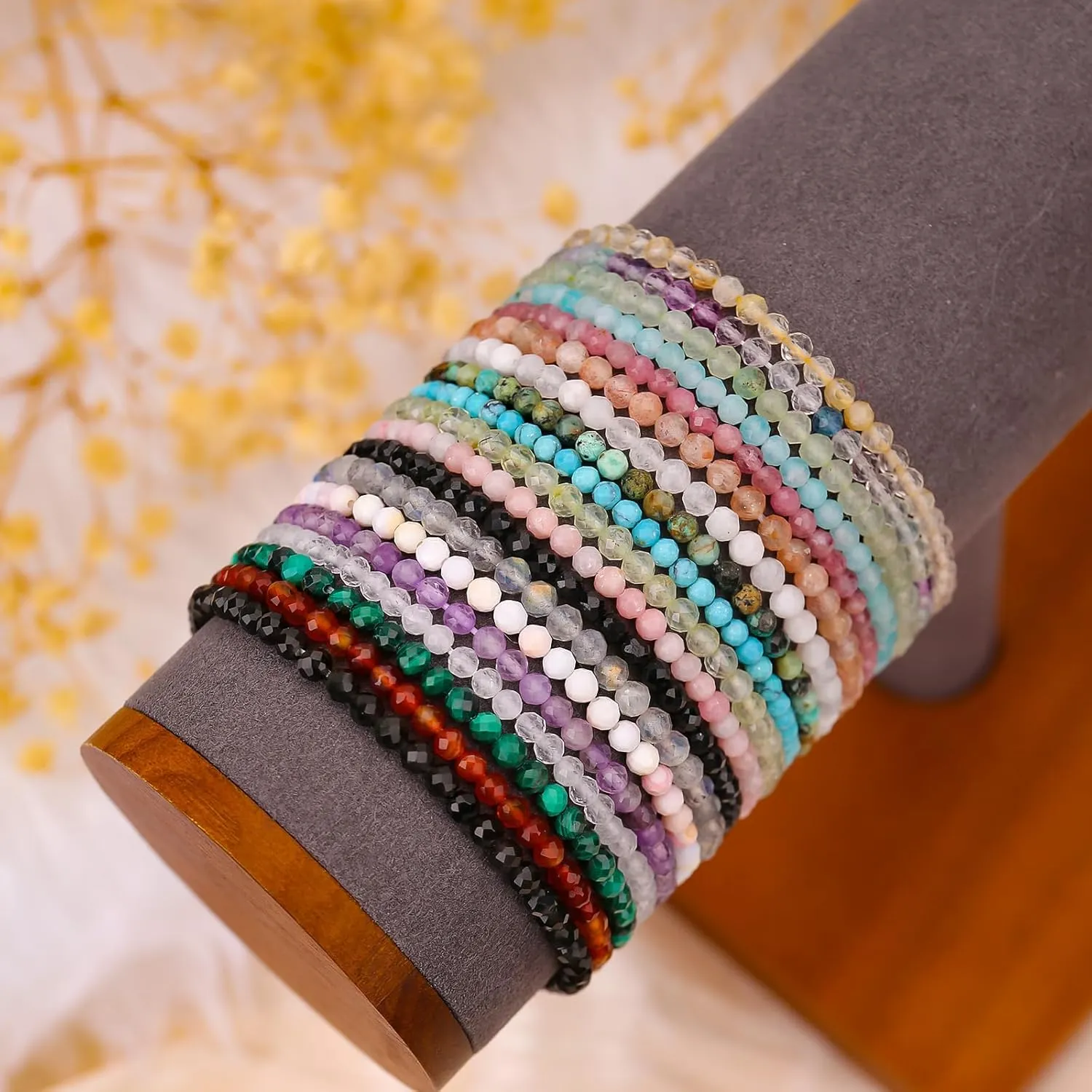 BONNY BOXX Natural Genuine Gemstone Faceted Round Beads Bracelets, 3mm Adjustable Stretchy Tiny Faceted Blue Turquoise Bracelet, Healing Crystal Reiki Chakra Dainty Jewelry Fashion Gifts