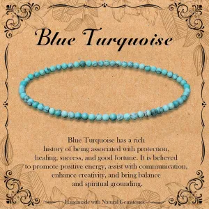 BONNY BOXX Natural Genuine Gemstone Faceted Round Beads Bracelets, 3mm Adjustable Stretchy Tiny Faceted Blue Turquoise Bracelet, Healing Crystal Reiki Chakra Dainty Jewelry Fashion Gifts
