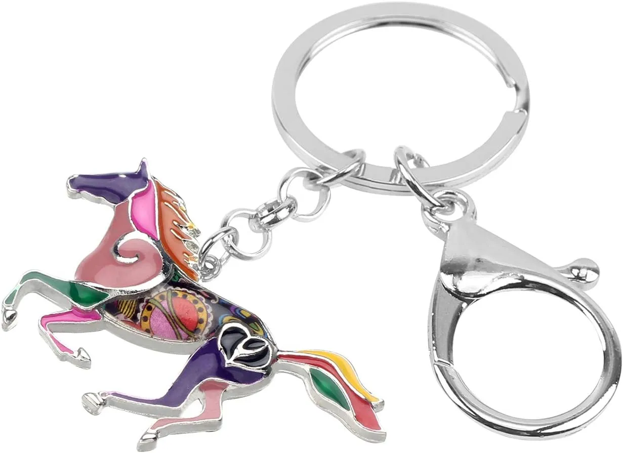 BONSNY Enamel Metal Horse Key chains For Women Girls Gifts Car Purse Animal Pendant Charms