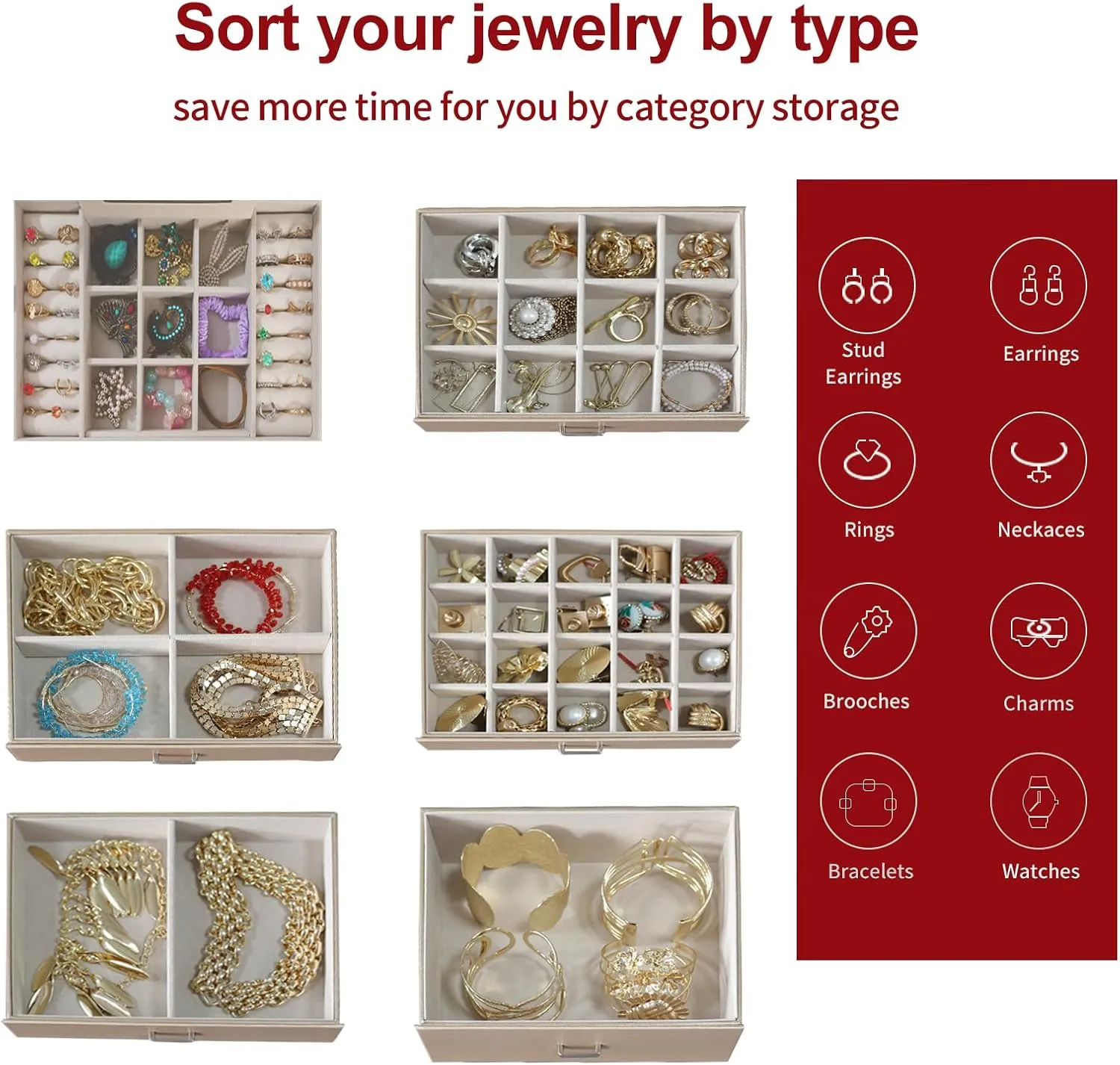 BOOVO Jewelry Box For women, 6 Layer Large Jewelry Organizer With Mirror, Multi-Function Storage Box With Lock, Accessory Holder With 5 Drawers, For Earrings Necklace Ring Bracelet (Pale gold)