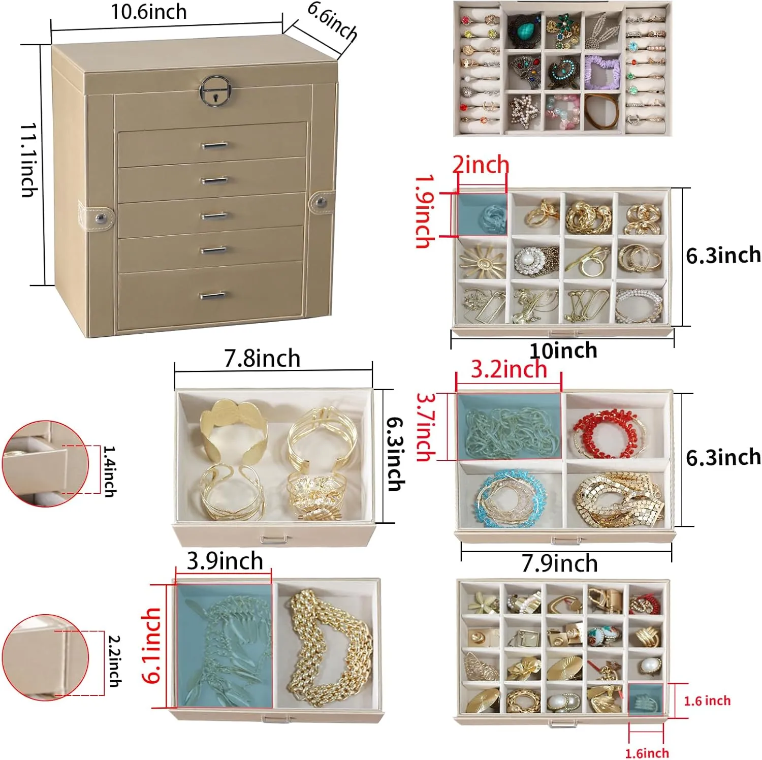 BOOVO Jewelry Box For women, 6 Layer Large Jewelry Organizer With Mirror, Multi-Function Storage Box With Lock, Accessory Holder With 5 Drawers, For Earrings Necklace Ring Bracelet (Pale gold)