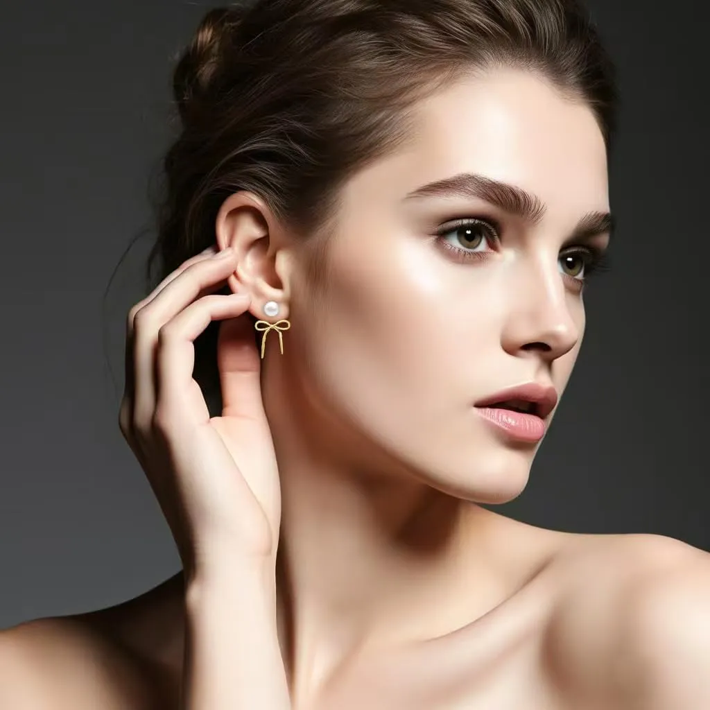 Bow Earrings for Women Gold Plated Stud Pearl Earing Twist Rope Lightweight Bow Jewelry Cute Gifts for Her