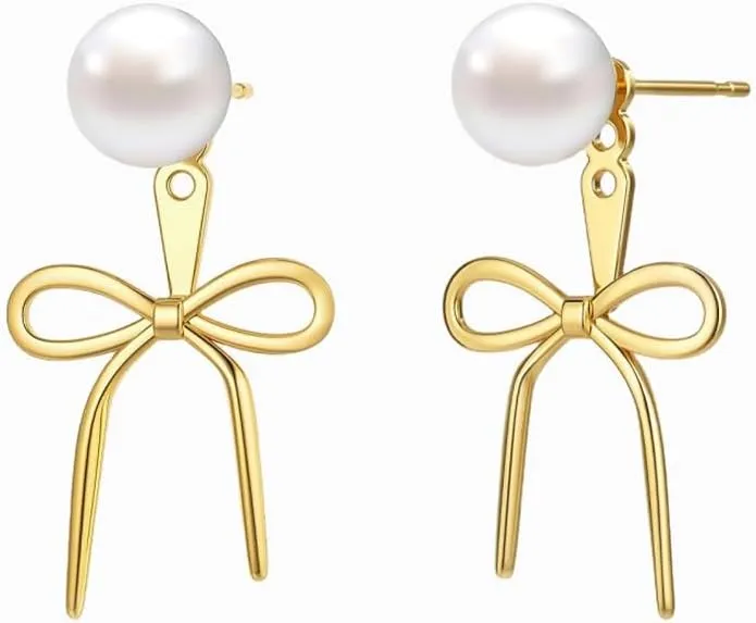 Bow Earrings for Women Gold Plated Stud Pearl Earing Twist Rope Lightweight Bow Jewelry Cute Gifts for Her
