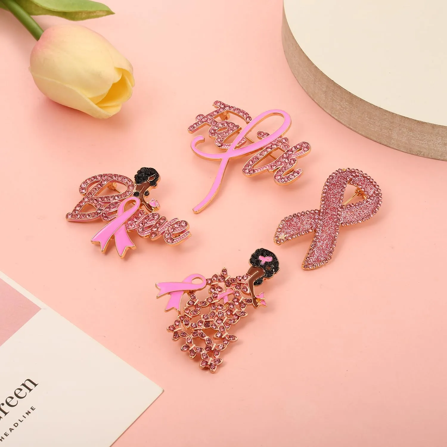 Breast Cancer Awareness Pins Bulk Pink Ribbon Brooches for Women Faith Hope Lapel Pins Breast Cancer Awareness Jewelry Accessories Decorations Charity Public Fundraiser Supplies