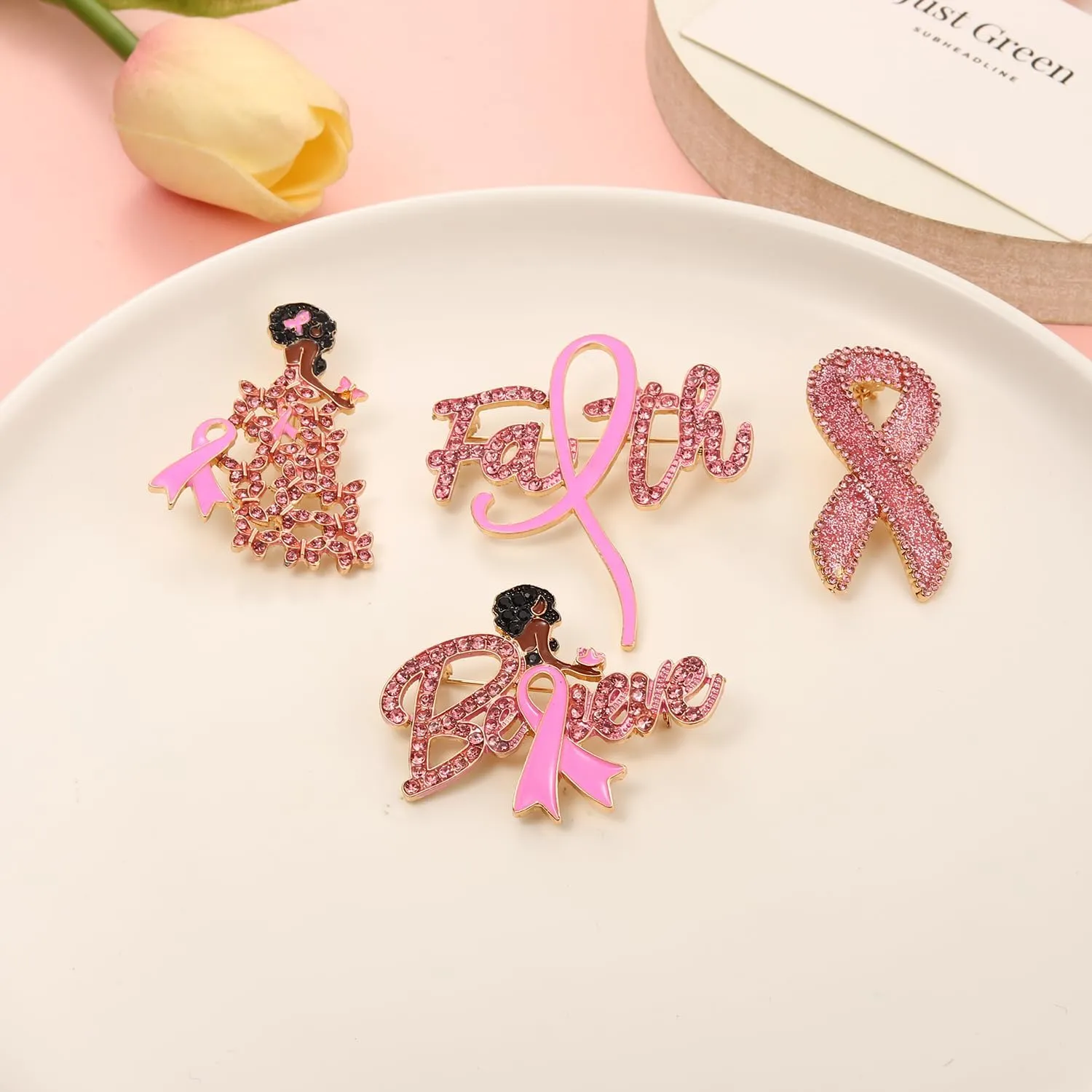 Breast Cancer Awareness Pins Bulk Pink Ribbon Brooches for Women Faith Hope Lapel Pins Breast Cancer Awareness Jewelry Accessories Decorations Charity Public Fundraiser Supplies