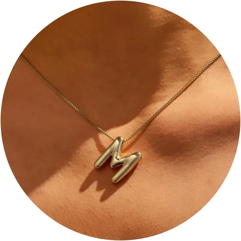 Bubble Letter Necklace Gold-14k Gold Filled Bubble Initial Necklace A-Z Alphabet Monogram Balloon Bubble Letter Dainty Necklace For Women 16.5" 2"