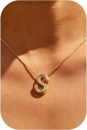 Bubble Letter Necklace Gold-14k Gold Filled Bubble Initial Necklace A-Z Alphabet Monogram Balloon Bubble Letter Dainty Necklace For Women 16.5" 2"