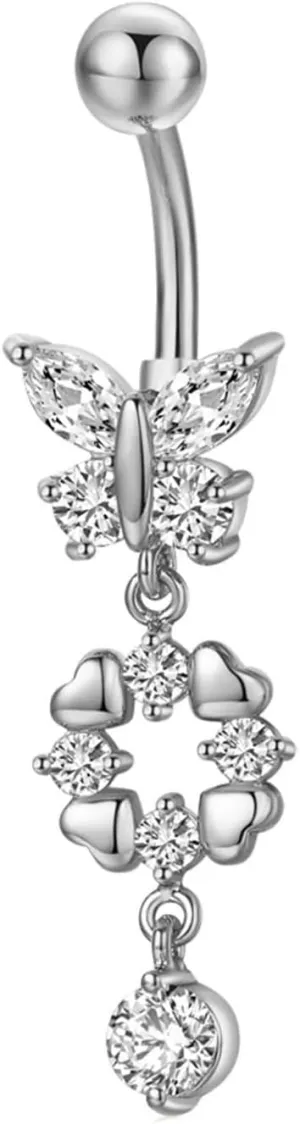 Butterfly Belly Ring, Belly Rings for Women Western Stainless Steel Body Piercingjewelry Heart with Cubic Zirconia