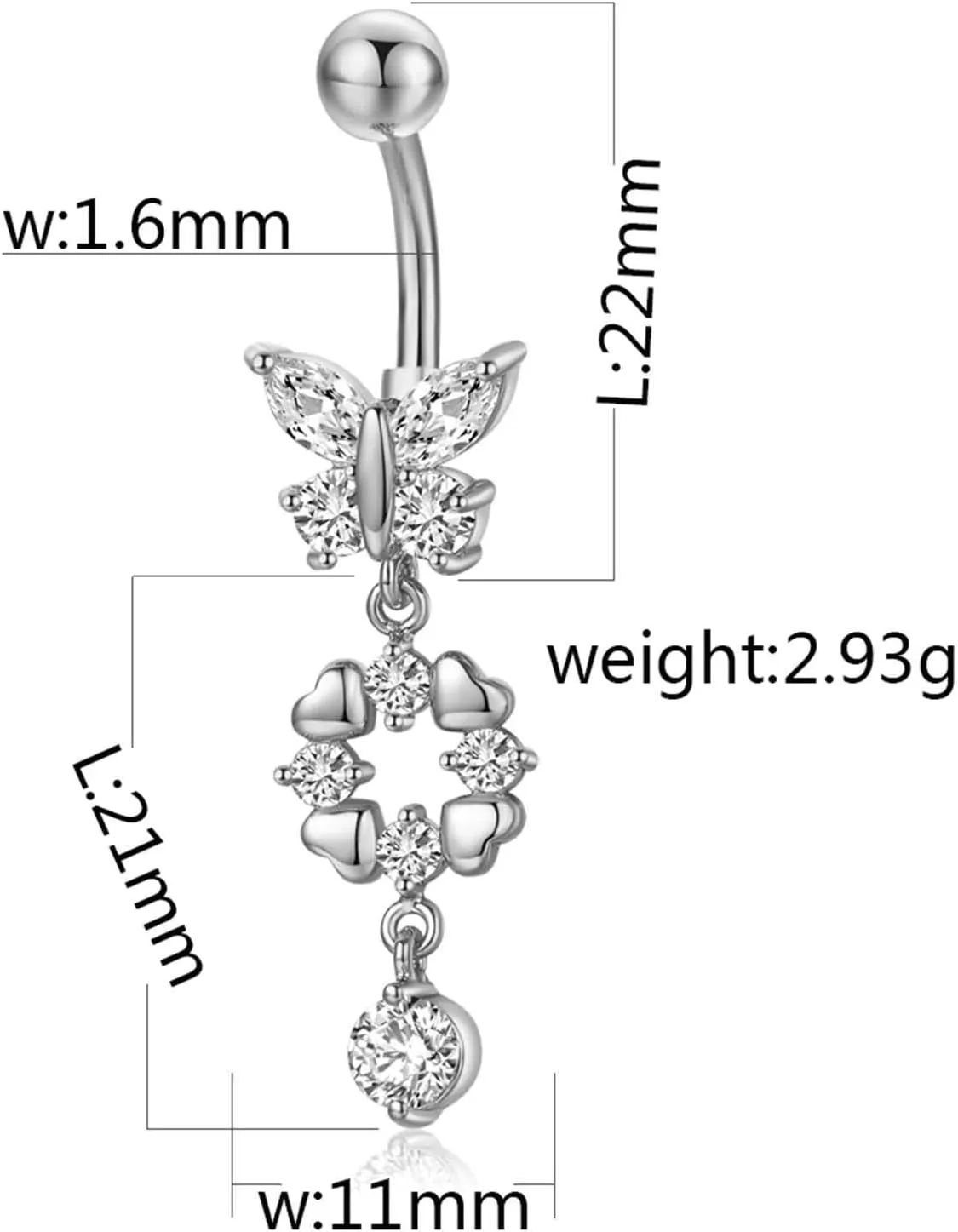 Butterfly Belly Ring, Belly Rings for Women Western Stainless Steel Body Piercingjewelry Heart with Cubic Zirconia