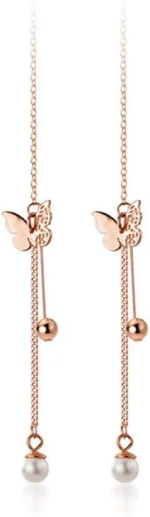Butterfly Tassel Threader Earrings S925 Sterling Silver for Women Delicate Pearl Danling Charm Ball Bead Long Chain Dangle Drop Earring Fashion Jewelry Gifts Sensitive Ears