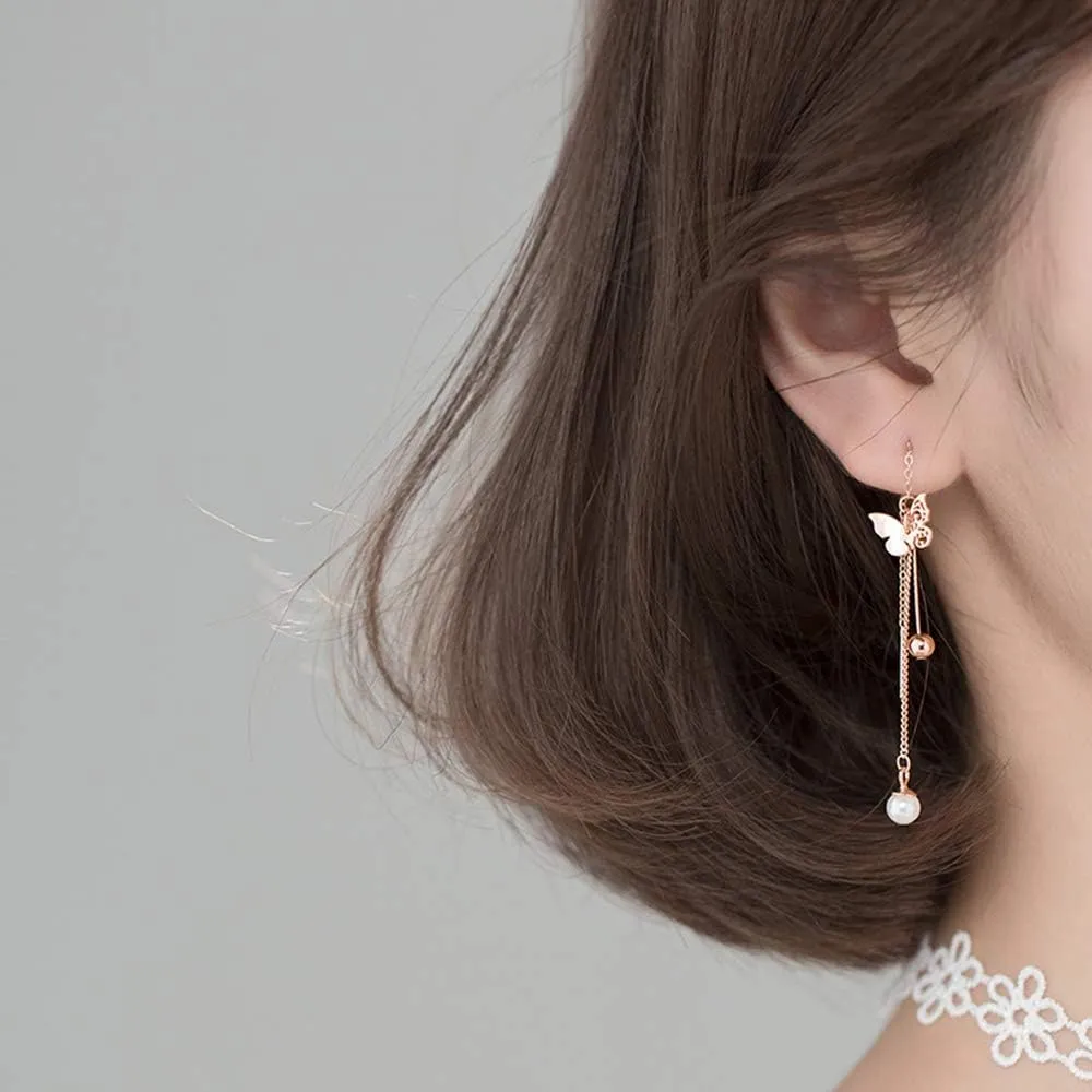 Butterfly Tassel Threader Earrings S925 Sterling Silver for Women Delicate Pearl Danling Charm Ball Bead Long Chain Dangle Drop Earring Fashion Jewelry Gifts Sensitive Ears