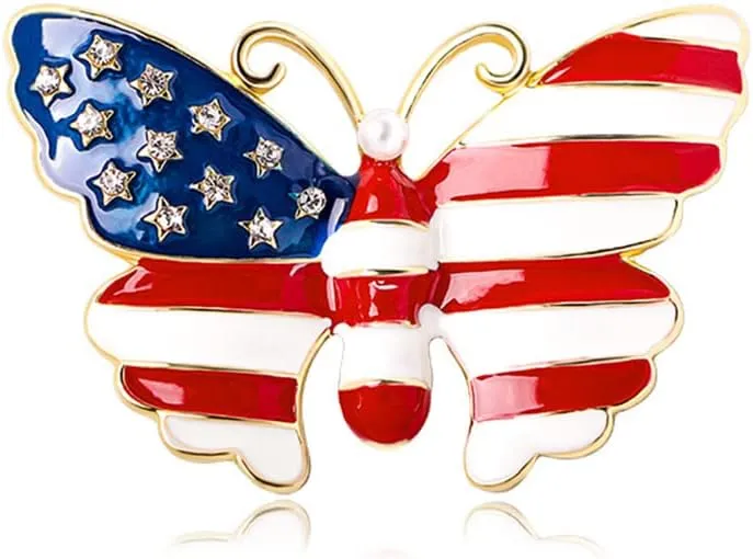 Butterfly USA Flag Brooch Pin for Women Gold Tone Fashion Rhinestone Star Blue Red Enamel 4th of July American Patriotic Medal Brooches Dress Accessories Veterans Independence Memorial Day Jewelry