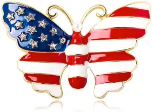Butterfly USA Flag Brooch Pin for Women Gold Tone Fashion Rhinestone Star Blue Red Enamel 4th of July American Patriotic Medal Brooches Dress Accessories Veterans Independence Memorial Day Jewelry