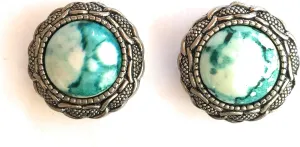 Button Covers Cufflink Marbilized Petrol Blue/White on Silver Design Button Clips -1 Pair - The Alternative to Cufflinks For Regular Shirts