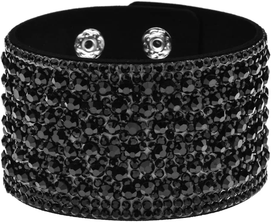 Caiyao Boho Bangle Leather Bracelet for Women Rhinestone Bangle Bracelet for Teen Girls Wide Edge Bracelet Leather Wrap Cuff Bracelet