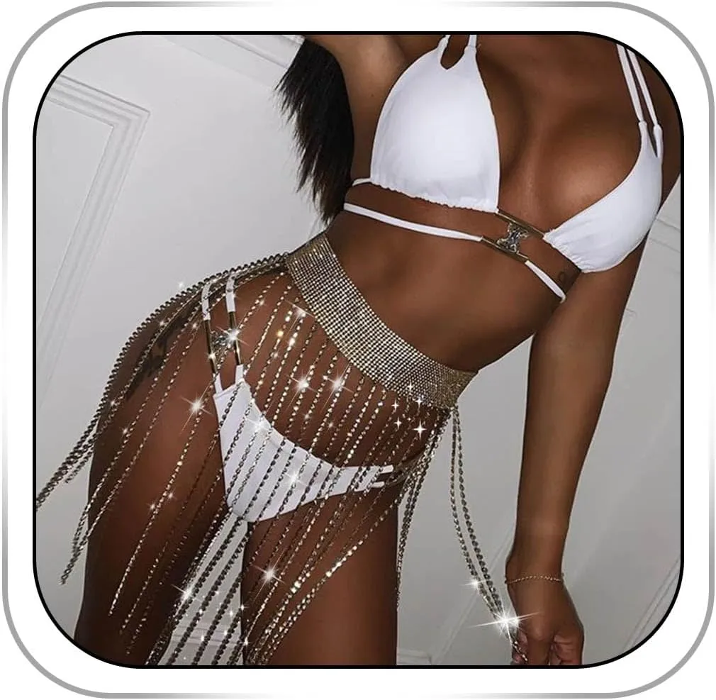 CanB Rhinestone Tassel Waist Body Chain Sexy Dance Belly Skirt Chains Sparkly Crystal Summer Beach Bikini Nightclub chain Body Accessories Jewelry for Women and Girls