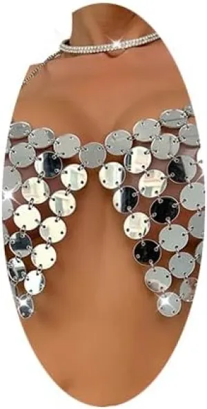 CanB Sequins Body Chain Beach Bra Chain Bikini Nightclub Chain Silver Bra Top Sexy Chest Chain Rave Party Body Accessory for Women and Girls (Silver-10)