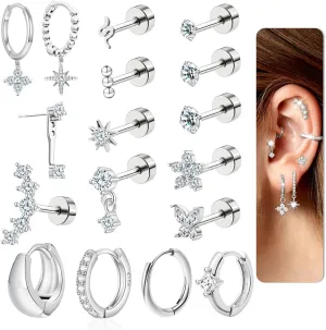 Cartilage Earrings for Women Flat Back-Hypoallergenic Surgical Stainless Steel Earrings Flatback Stud Hoop Earring Stack Helix Conch Tragus Piercing Jewelry (Single-Not A Pair)