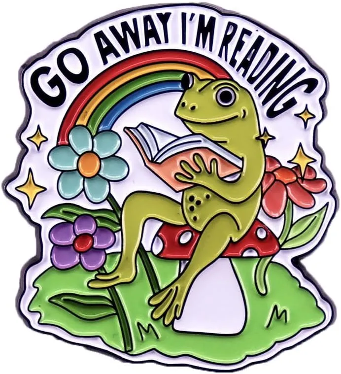 Cartoon Frog Reading Enamel Pin Cute Animal Brooch GO AWAY I'M READING Lapel Pin DIY Craft Badges Pins for Backpack Hats Coat Accessories Boys Girls Jewelry Gifts, Green