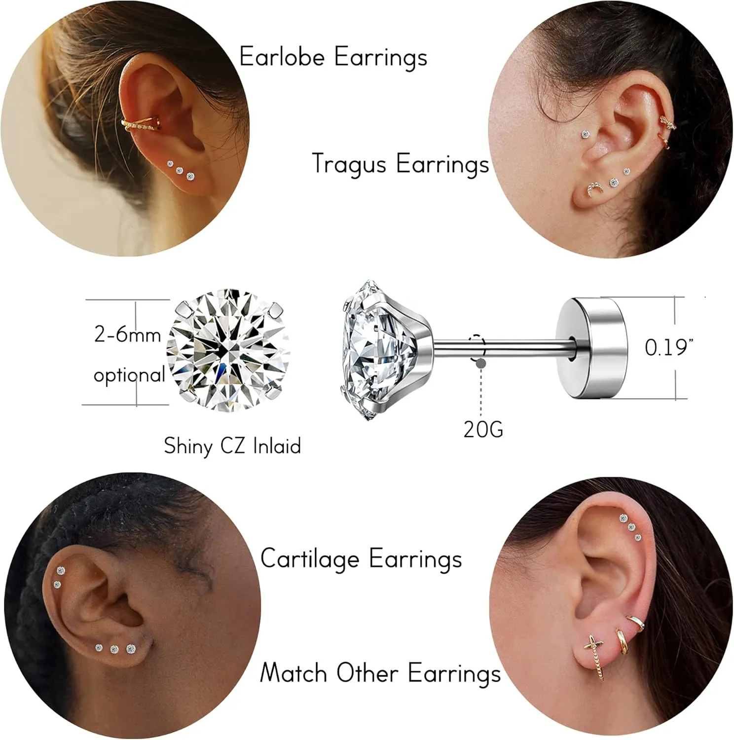 CASSIECA 20G Cartilage Earring Stud for Women Men 316L Surgical Steel Flat Back Earrings Set, 2-6mm Round CZ Screw Back Stud Earrings for Cartilage Tragus Helix Piercing Jewelry