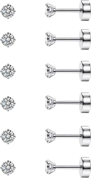 CASSIECA 20G Cartilage Earring Stud for Women Men 316L Surgical Steel Flat Back Earrings Set, 2-6mm Round CZ Screw Back Stud Earrings for Cartilage Tragus Helix Piercing Jewelry