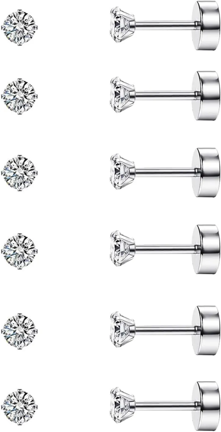 CASSIECA 20G Cartilage Earring Stud for Women Men 316L Surgical Steel Flat Back Earrings Set, 2-6mm Round CZ Screw Back Stud Earrings for Cartilage Tragus Helix Piercing Jewelry