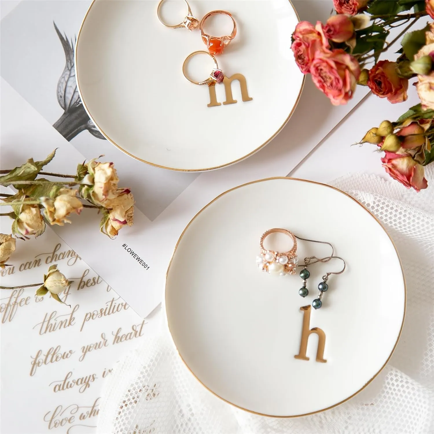 Ceramic Ring Holder for Jewelry, Jewelry Tray, Ring Dish, Aesthetic Room Decor, Engagement Gifts Bride Gifts Wedding Gifts for Women, White, 4.75"(A)