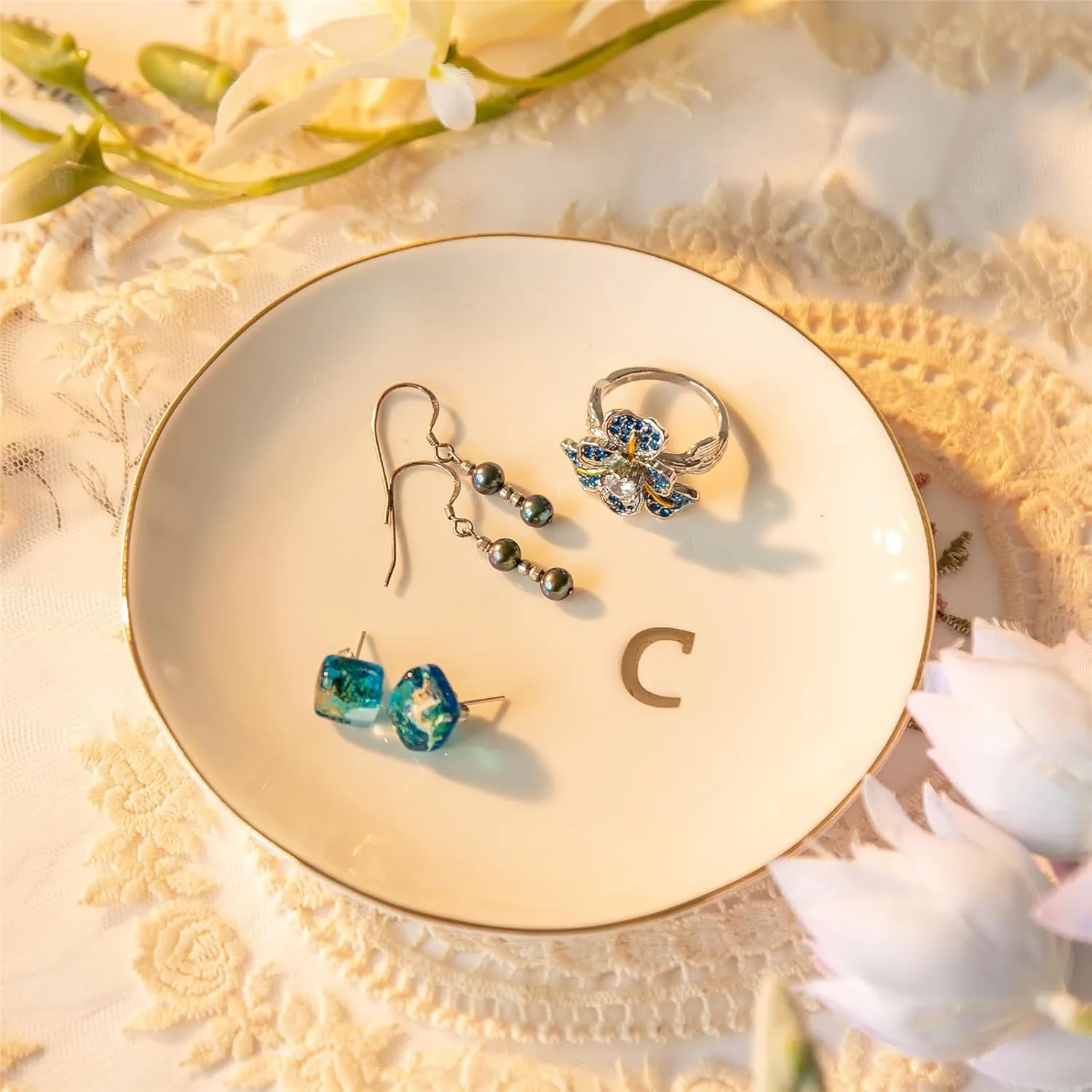 Ceramic Ring Holder for Jewelry, Jewelry Tray, Ring Dish, Aesthetic Room Decor, Engagement Gifts Bride Gifts Wedding Gifts for Women, White, 4.75"(C)