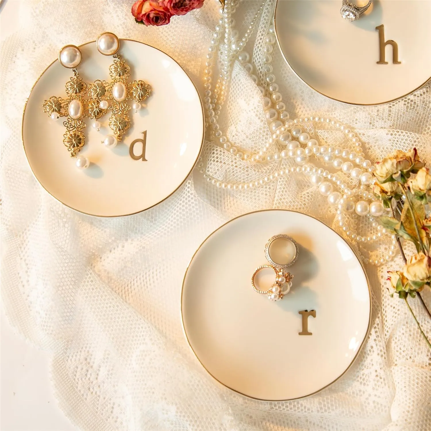 Ceramic Ring Holder for Jewelry, Jewelry Tray, Ring Dish, Aesthetic Room Decor, Engagement Gifts Bride Gifts Wedding Gifts for Women, White, 4.75"(E)