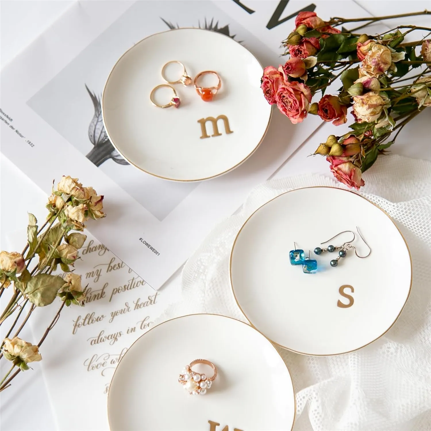 Ceramic Ring Holder for Jewelry, Jewelry Tray, Ring Dish, Aesthetic Room Decor, Engagement Gifts Bride Gifts Wedding Gifts for Women, White, 4.75"(E)