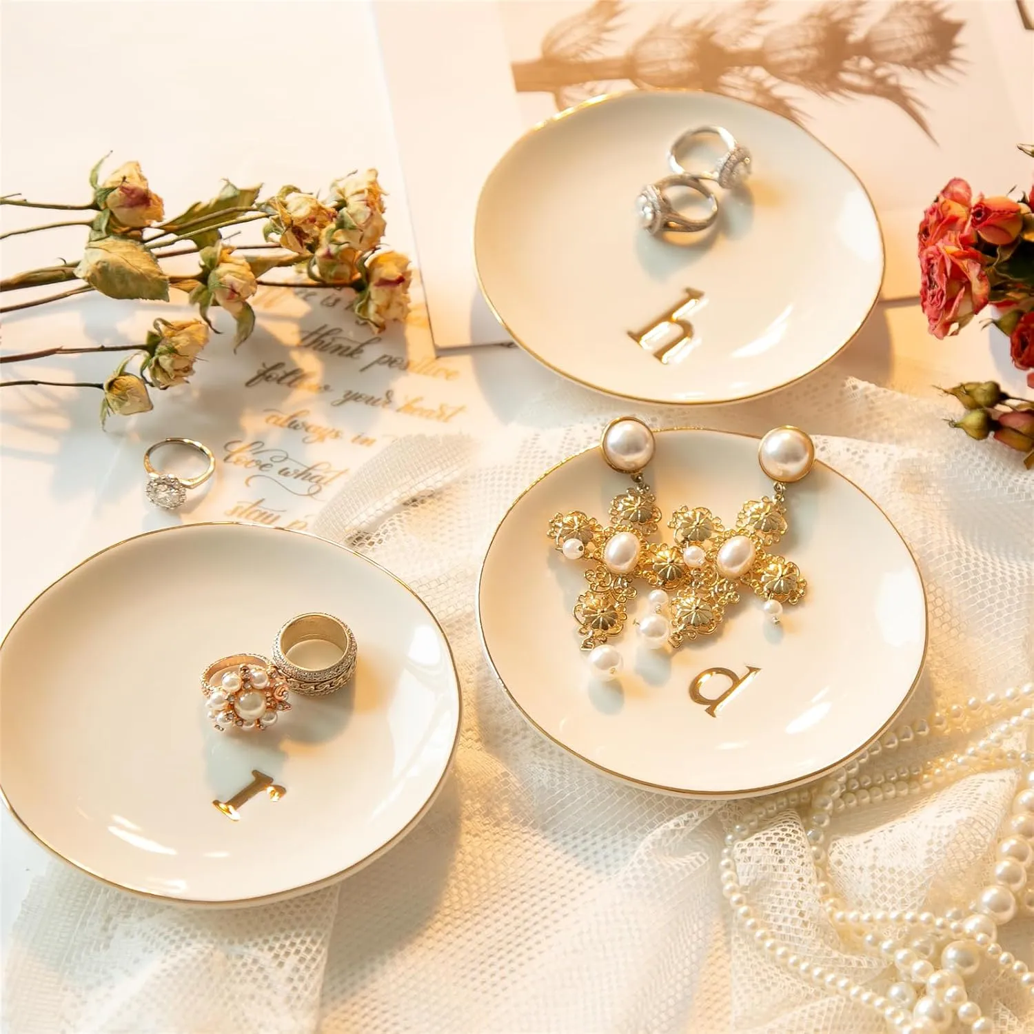 Ceramic Ring Holder for Jewelry, Jewelry Tray, Ring Dish, Aesthetic Room Decor, Engagement Gifts Bride Gifts Wedding Gifts for Women, White, 4.75"(N)