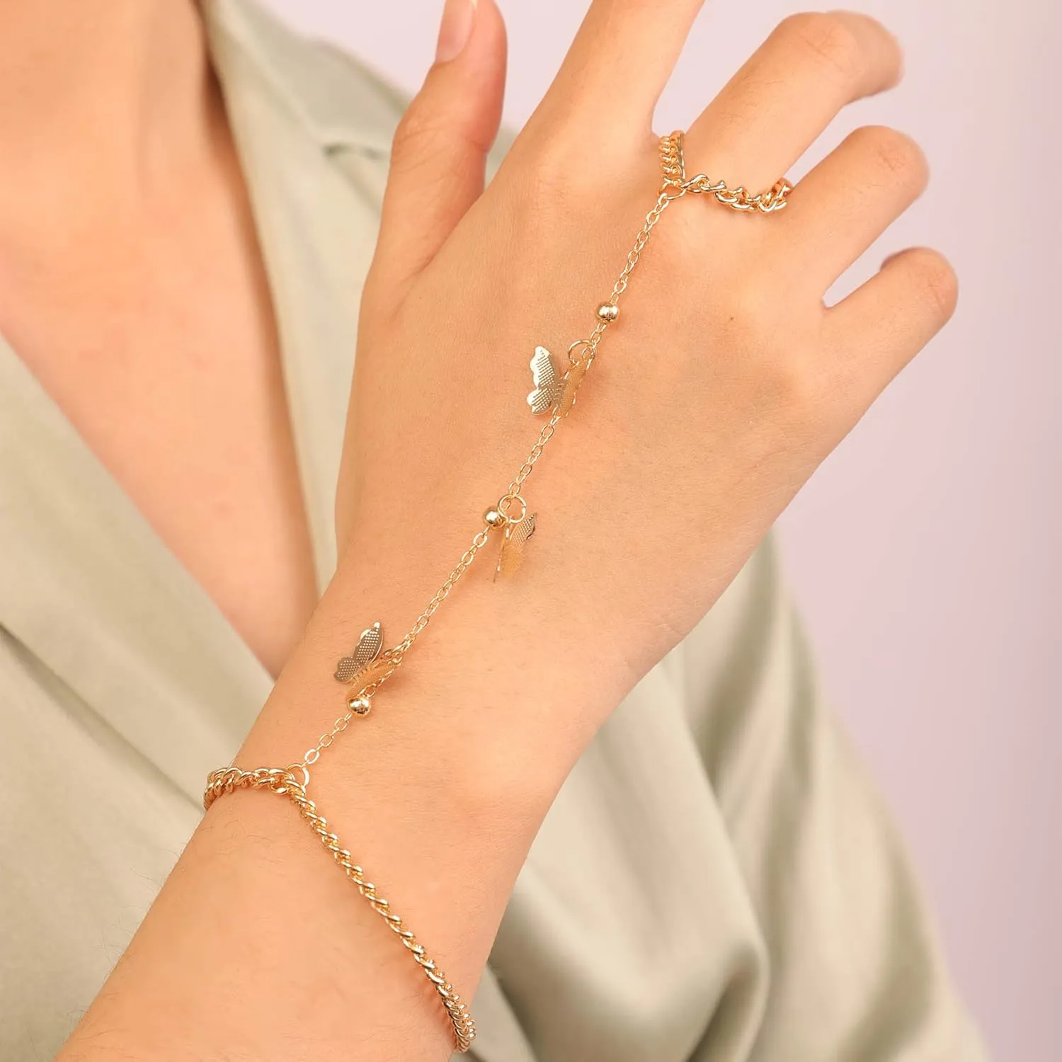 Chargances Boho Butterfly Ring Bracelet Hand Harness Chain for Women Gold Slave Chain Finger Ring Bracelets Hand Chain Fahsion Hand Jewelry for Women and Girls (Style 1)