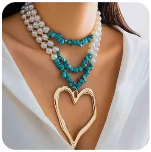 Chargances Boho Large Love Heart Pendant Necklace Layered Pearl and Turquoise Chain Choker Fashion Jewelry for Women