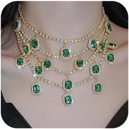 Chargances Boho Layered Green Crystal Necklace Luxury Gold Rhinestone Tennis Chain Choker Sparkly Statement Necklace for Party Women