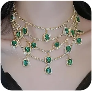 Chargances Boho Layered Green Crystal Necklace Luxury Gold Rhinestone Tennis Chain Choker Sparkly Statement Necklace for Party Women