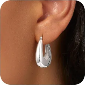 CHESKY Chunky Silver Earrings for Women, Trendy Statement Silver Hoops Earrings Simple Hypoallergenic Thick Dangle Earrings Silver Dainty Geometric Drop Earrings Fashion Christmas Jewelry
