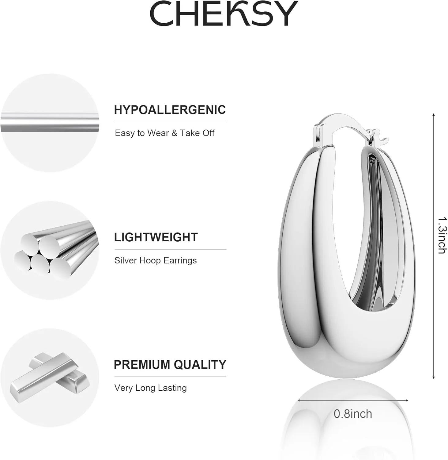 CHESKY Chunky Silver Earrings for Women, Trendy Statement Silver Hoops Earrings Simple Hypoallergenic Thick Dangle Earrings Silver Dainty Geometric Drop Earrings Fashion Christmas Jewelry