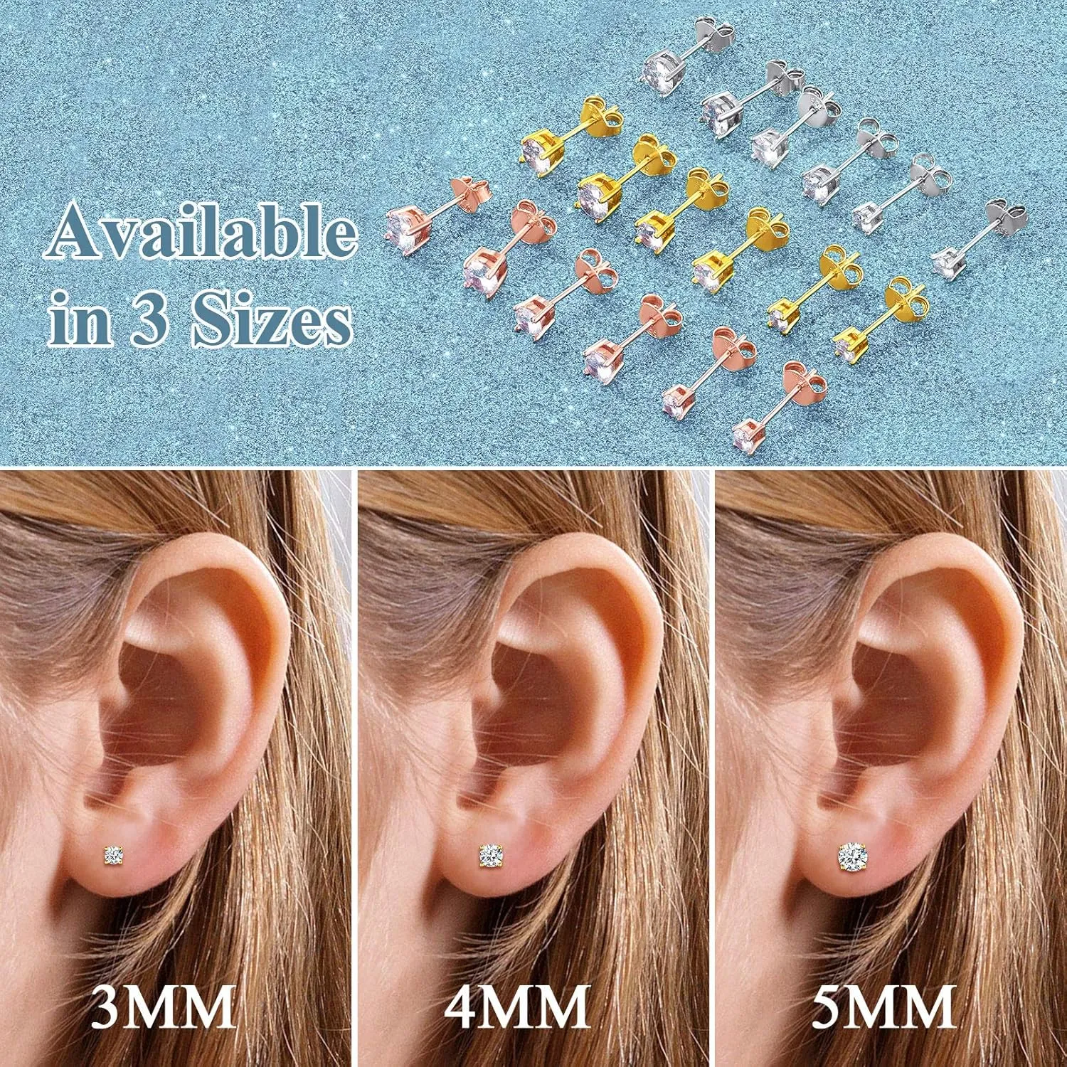 ChicSilver 3 Pairs Sterling Silver Stud Earrings Set Hypoallergenic Simple Stud Earrings 3-8mm (with Gift Box)