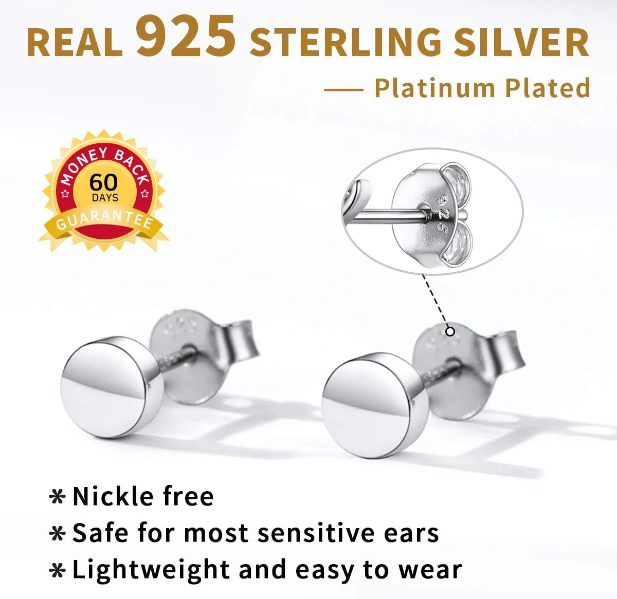 ChicSilver 925 Sterling Silver Dainty Simple Bar/Circle/Triangle Stud Earrings for Women, Silver/Gold/Black (with Gift Box)