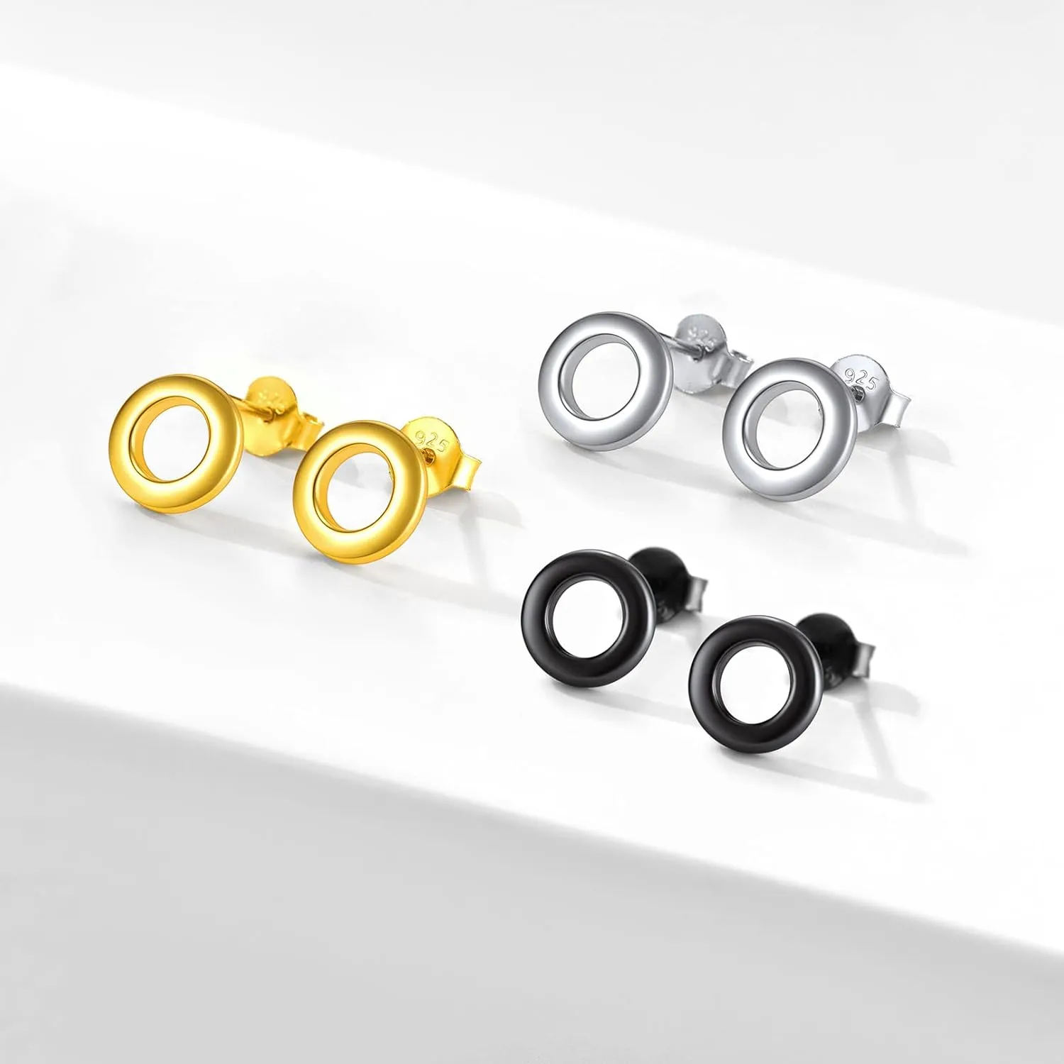 ChicSilver 925 Sterling Silver Dainty Simple Bar/Circle/Triangle Stud Earrings for Women, Silver/Gold/Black (with Gift Box)