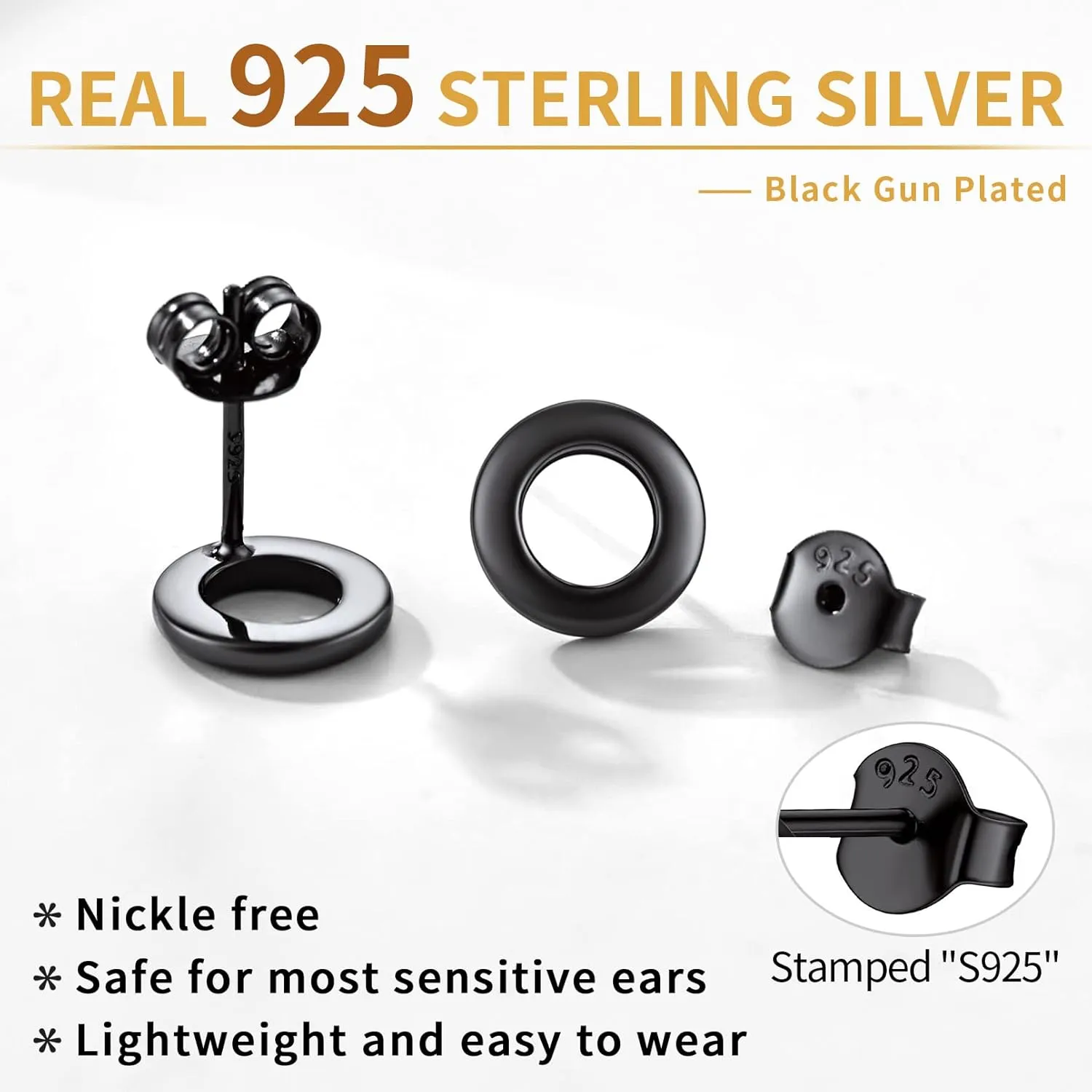 ChicSilver 925 Sterling Silver Dainty Simple Bar/Circle/Triangle Stud Earrings for Women, Silver/Gold/Black (with Gift Box)