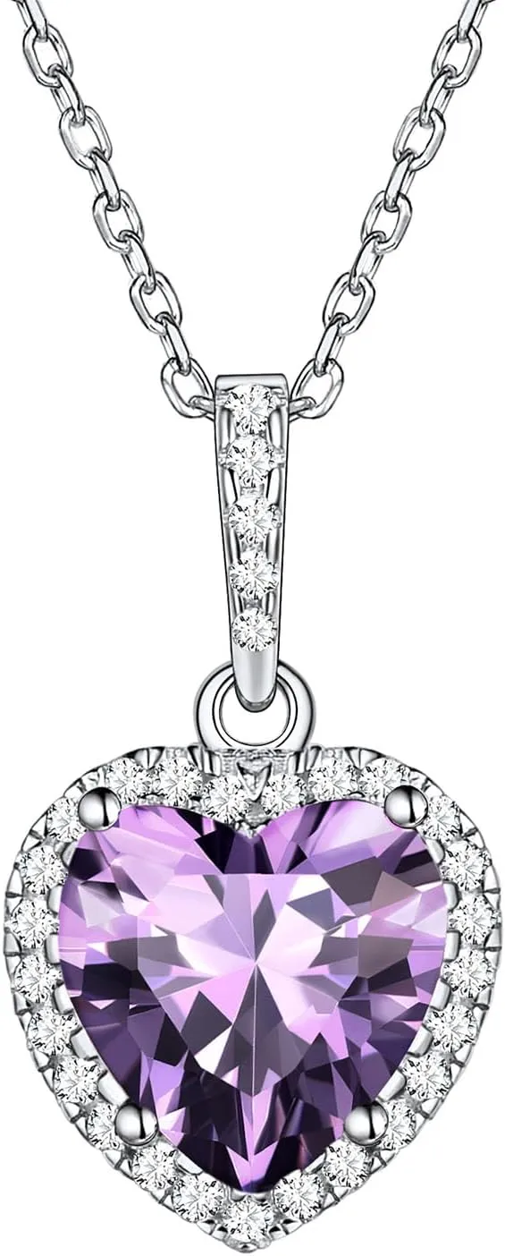 ChicSilver 925 Sterling Silver Heart/Round/Pear/Emerald Cut Simulated Birthstone Halo Necklace Birthday Gift for Women Girls (with Gift Box)