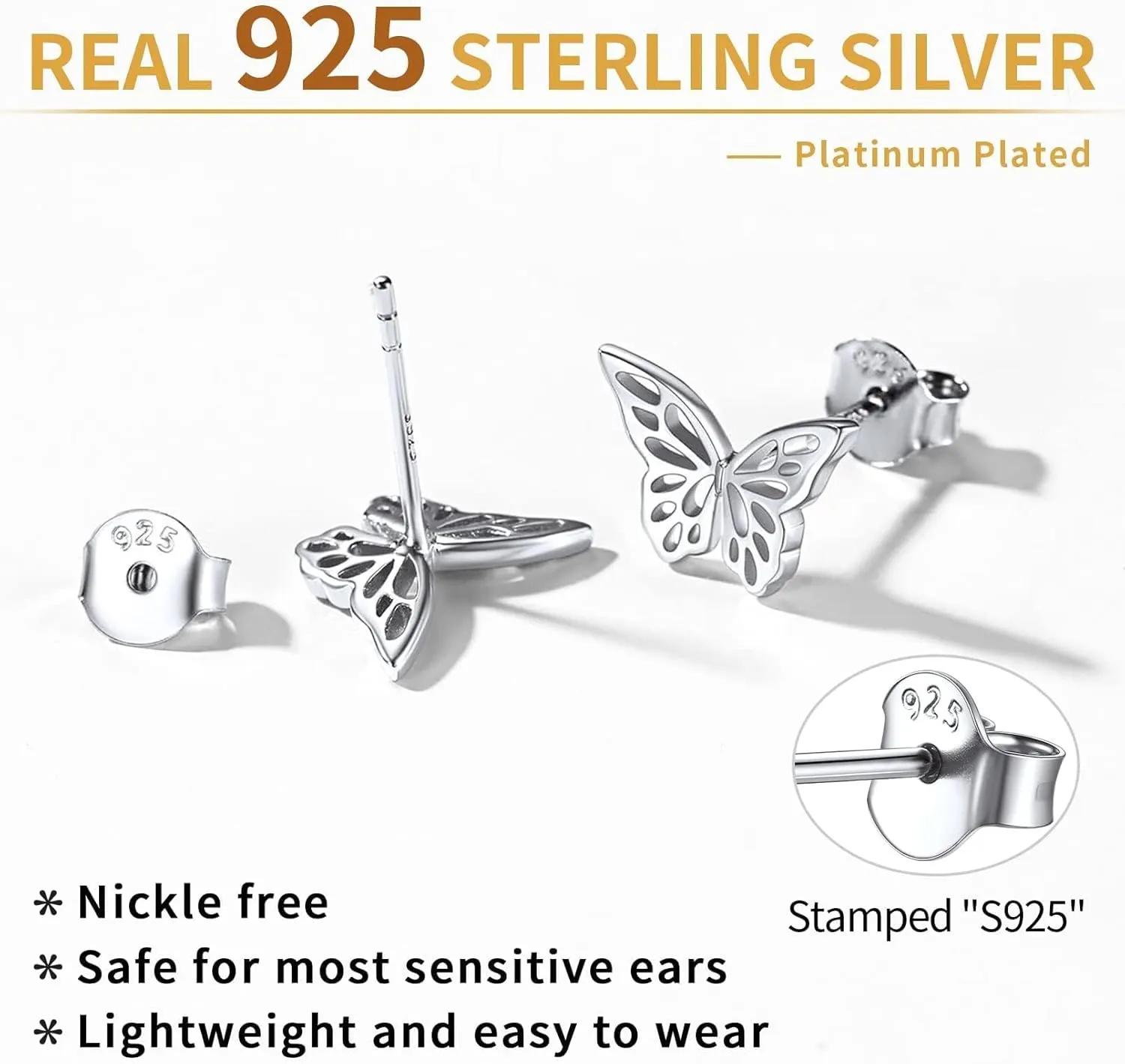 ChicSilver Hypoallergenic 925 Sterling Silver Stud Earrings, Dainty Simple Heart/Star/Moon/Lightning/Sun Earrings for Women (with Gift Box)