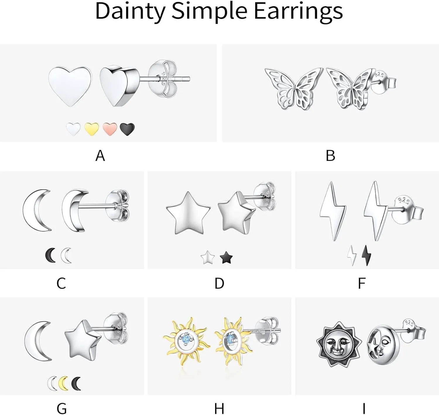 ChicSilver Hypoallergenic 925 Sterling Silver Stud Earrings, Dainty Simple Heart/Star/Moon/Lightning/Sun Earrings for Women (with Gift Box)