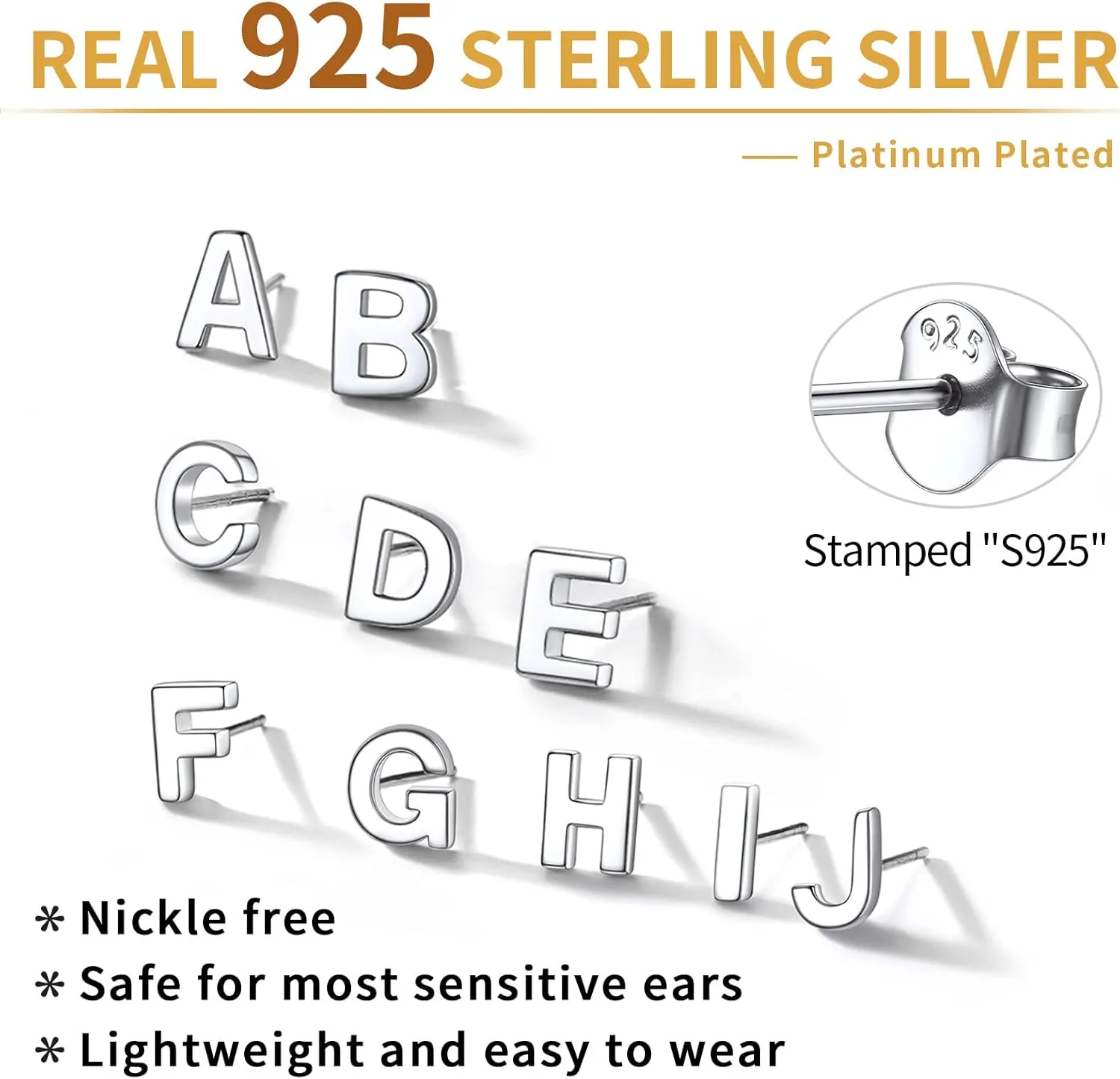 ChicSilver Hypoallergenic 925 Sterling Silver Stud Earrings Simple Tiny Initial Letter A-Z Studs for Women Sensitive Ears (with Gift Box)