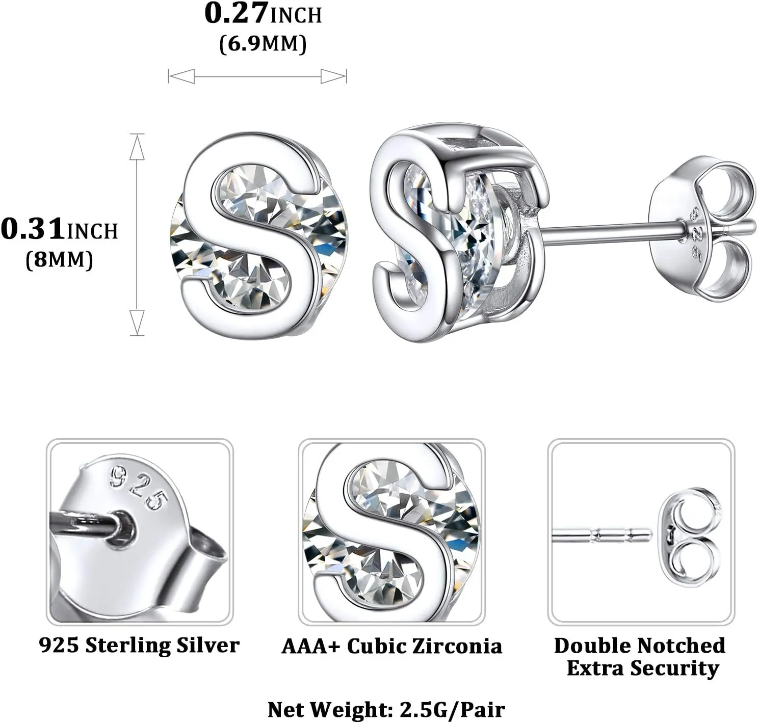 ChicSilver Small Initial Stud Earrings for Women, 925 Sterling Silver Cubic Zirconia Letter Earrings Hypoallergenic (with Gift Box)